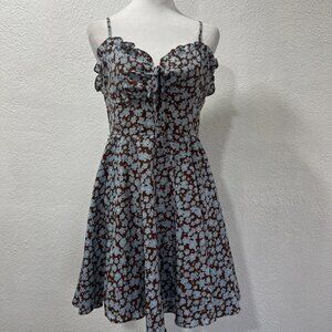 French Kiss Mini Dress Y2K Lace Up Babydoll Smocked Back Floral Size‎ M